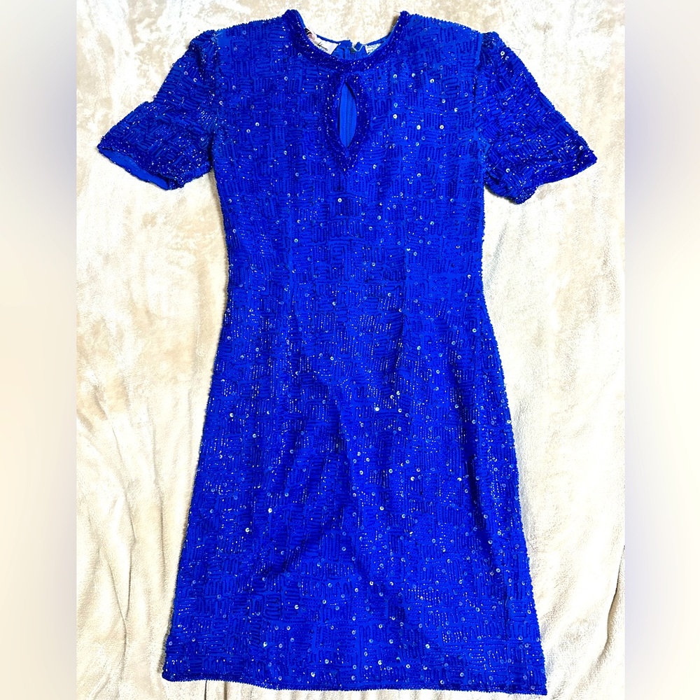 100% Royal Blue Silk Sequined Short Sleeve Short Dress